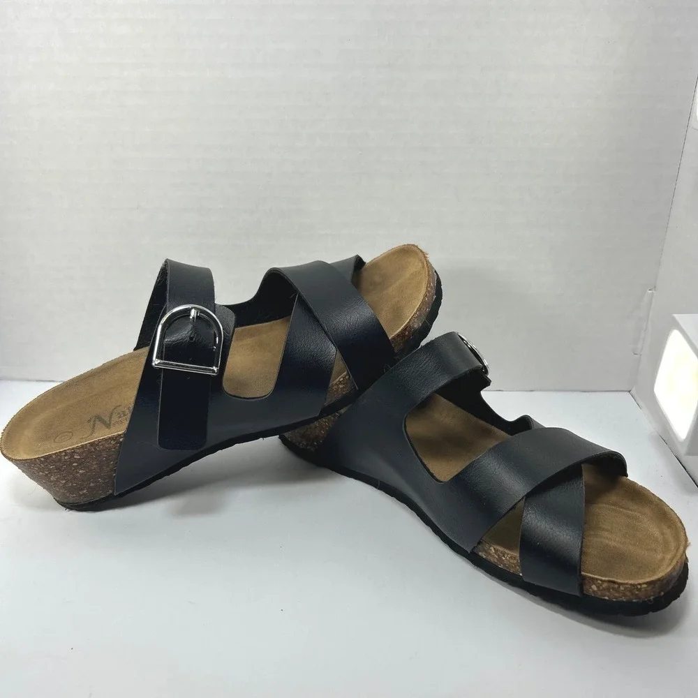 Earthy Black Double Buckle Cork Wedge Slides Gorpcore Coastal Granola 11